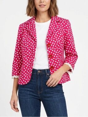 LUCIANO CHOI Hot Pink White Polka Dot Blazer Jacket Bow Lace Size Medium